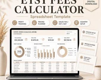 Etsy Fees Calculator Spreadsheet, Etsy Profit Calculator, Pricing Planner, Sales Tax VAT GST Tracker for Sellers