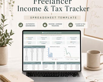 Inkomstenbelastingtracker voor freelancers in Google Sheets, spreadsheet voor onkosten van zelfstandigen, belastingplanner voor 1099-formulieren, dashboard voor klantfinanciën