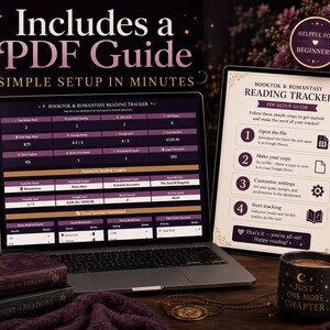 May include: A laptop displaying a Booktok & Romantasy Reading Tracker dashboard alongside a tablet showing a PDF setup guide. The screen features reading statistics, monthly goals, and budget tracking. A mug with the text Just One More Chapter sits nearby.