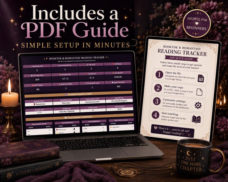 May include: A laptop displaying a Booktok & Romantasy Reading Tracker dashboard alongside a tablet showing a PDF setup guide. The screen features reading statistics, monthly goals, and budget tracking. A mug with the text Just One More Chapter sits nearby.