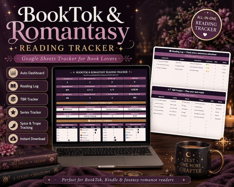 May include: A digital BookTok and Romantasy reading tracker for Google Sheets displayed on a laptop screen. The interface features dark purple and gold accents, showing reading logs, TBR lists, and visual dashboards for tracking book stats.