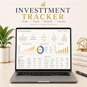 Può includere: Un laptop mostra una dashboard di monitoraggio degli investimenti con dati finanziari, tra cui azioni, criptovalute e dividendi. Lo schermo mostra una panoramica del portafoglio, l'allocazione degli asset e l'attività recente. Il testo sullo schermo recita "INVESTTMENT TRACKER".