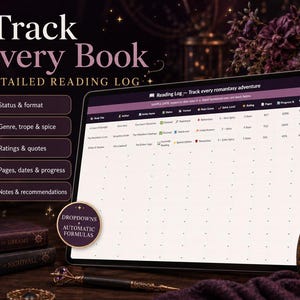 May include: A digital reading log displayed on a tablet screen with the text Track Every Book Detailed Reading Log. The interface features columns for book title, author, series, status, format, genre, spice level, rating, pages, and favorite quotes.