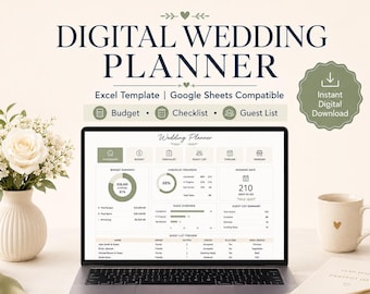 Spreadsheet voor het plannen van een bruiloft, budget- en gastenlijstbeheer, bewerkbare Excel-planner voor bruiloften, digitale bruiloftsorganizer