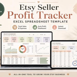 Può includere: Un modello di foglio di calcolo Excel Etsy Seller Profit Tracker visualizzato su un laptop e un tablet. Il modello include funzionalità per il monitoraggio delle vendite, delle spese e un dashboard automatico dei profitti. Il testo "Editable in Excel" e "10 Sheets Included."