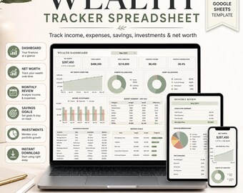 Google Sheets budgetplanner, spreadsheet voor het bijhouden van je vermogen, persoonlijke financiën, nettovermogen, spaargeld, uitgaven- en schuldenaflossingsplanner