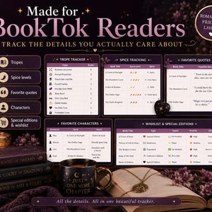 May include: A digital reading tracker layout titled Made for BookTok Readers, featuring sections for Trope Tracker, Spice Tracking, Favorite Quotes, Favorite Characters, and Wishlist & Special Editions, displayed with dark purple and gold accents.