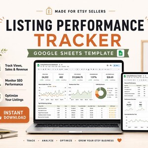 Può includere: Un laptop e un tablet mostrano un modello Google Sheets per il monitoraggio delle prestazioni degli annunci. L'immagine include il testo "Track Views, Sales & Revenue", "Monitor SEO Performance" e "Optimize Your Listings". Una stampa incorniciata recita "Focus, Plan, Grow".