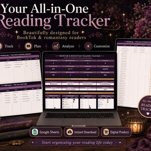 May include: A digital reading tracker displayed on a laptop and two tablets, featuring a dark purple and gold interface with charts, book lists, and reading statistics. Text includes Your All-in-One Reading Tracker, BookTok & Romantasy Reading Tracker, and Google Sheets.