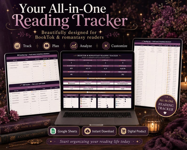 May include: A digital reading tracker displayed on a laptop and two tablets, featuring a dark purple and gold interface with charts, book lists, and reading statistics. Text includes Your All-in-One Reading Tracker, BookTok & Romantasy Reading Tracker, and Google Sheets.