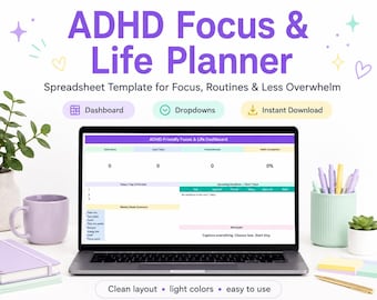 ADHD Life Planner Google Sheets, Digital Organizer Spreadsheet, Task Tracker, Habit Tracker, Daily Planner, Focus Timer, Brain Dump Template
