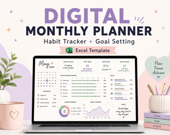 Digital Monthly Planner Excel Template: Habit Tracker, Goal Setting & Productivity Dashboard