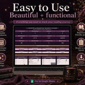 May include: A digital Booktok and Romantasy reading tracker displayed on a laptop screen. The interface features tables for tracking books read, ratings, and spending in euros. Text includes 'Easy to Use', 'Beautiful + functional', and 'Use in Google Sheets'.