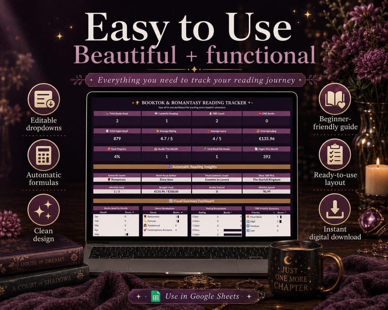 May include: A digital Booktok and Romantasy reading tracker displayed on a laptop screen. The interface features tables for tracking books read, ratings, and spending in euros. Text includes 'Easy to Use', 'Beautiful + functional', and 'Use in Google Sheets'.