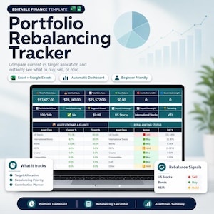 May include: A digital portfolio rebalancing tracker template for Excel and Google Sheets displayed on a laptop screen. The interface features a dashboard with financial metrics, asset allocation tables, rebalancing status, and action signals.