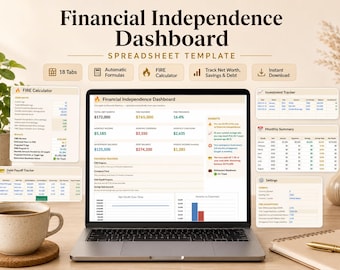 Dashboard voor financiële onafhankelijkheid | FIRE-tracker spreadsheet | Vermogen, spaarpercentage en pensioenplanner