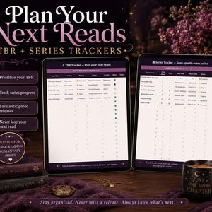 May include: Two digital tablets displaying a TBR and series tracker spreadsheet with columns for book titles, authors, and status. The interface features dark purple headers and white backgrounds. Text includes Plan Your Next Reads and Series Tracker.