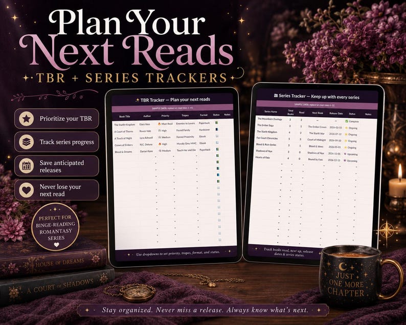 May include: Two digital tablets displaying a TBR and series tracker spreadsheet with columns for book titles, authors, and status. The interface features dark purple headers and white backgrounds. Text includes Plan Your Next Reads and Series Tracker.