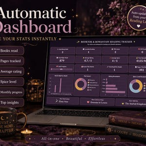 May include: A laptop displaying an Automatic Dashboard for a Booktok and Romantasy reading tracker. The screen shows statistics like books read, pages, ratings, and spice levels. A mug with the text Just One More Chapter sits nearby.