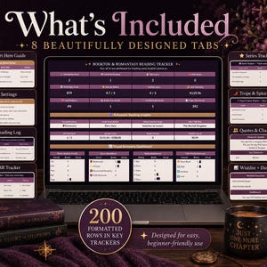 May include: A digital reading tracker displayed on a laptop screen, featuring eight tabs including Start Here Guide, Settings, Reading Log, TBR Tracker, Series Tracker, Trope & Spice Tracker, Quotes & Characters, and Wishlist & Dashboard for book tracking.
