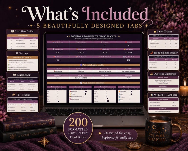 May include: A digital reading tracker displayed on a laptop screen, featuring eight tabs including Start Here Guide, Settings, Reading Log, TBR Tracker, Series Tracker, Trope & Spice Tracker, Quotes & Characters, and Wishlist & Dashboard for book tracking.