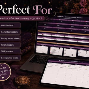May include: A laptop and tablet displaying a digital reading tracker interface with dark purple themes. The screen shows BookTok and Romantasy reading tracker data, including reading goals, stats, genre breakdowns, and a detailed reading log table.