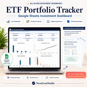 Puede incluir: Un panel de control de inversiones ETF Portfolio Tracker para Google Sheets mostrado en una pantalla de portátil. La interfaz presenta gráficos financieros, seguimiento de dividendos y herramientas de reequilibrio.
