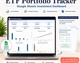 ETF-portfoliotracker in Google Sheets, investeringstracker in spreadsheetformaat, dividendtracker, portfoliodashboard, FIRE-planner