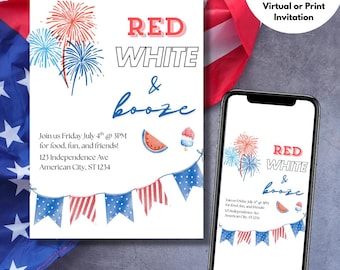 Red White & Booze 4th of July Invitation: Patriotic Party, Editable Template (Digital Download)