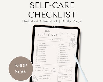 May include: A digital self-care checklist on a tablet with a stylus. The checklist includes sections for daily tasks, workout, hours of sleep, water balance, and mood tracking. The tablet has a white border and a floral design.