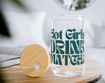 Hot Girls Drink Matcha Glass Tumbler: Iced Coffee Cup with Bamboo Lid & Straw