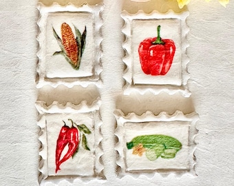 Lot de 4 aimants en argile végétale | Décoration de cuisine et de jardin faite main | du marché de producteurs aimants pour réfrigérateur | Cadeau d'art culinaire