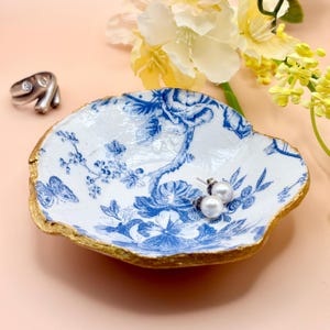 Handmade Blue Floral Trinket Dish: Rustic Clay Jewelry Holder with Gold Trim