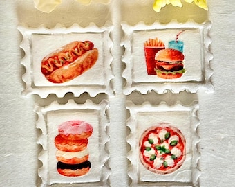Juego de 4 imanes de arcilla de comida rápida / Arte de hamburguesas, pizzas y perritos calientes / Decoración hecha a mano para cocina y nevera / Regalo para amantes de la comida