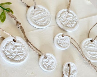 Set of 7 Embossed Air Dry Clay Gift Tags with Jute Twine