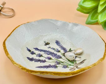 Handmade Lavender Clay Trinket Dish: Gold Trim Jewelry Holder