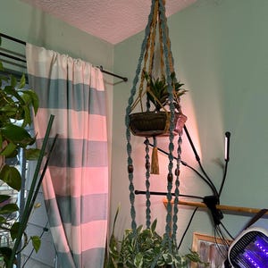 May include: A handmade macrame plant hanger in shades of teal and mustard yellow, suspended from the ceiling. The hanger supports two pots with green plants. The background includes a window with striped curtains and a light fixture.