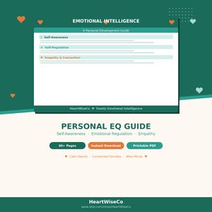 Puede incluir: Una guía digital de desarrollo personal titulada "Emotional Intelligence" y "Personal EQ Guide". La guía presenta secciones sobre autoconciencia, autorregulación y empatía. El diseño incluye elementos turquesa, naranja y blanco, con el texto "Descarga instantánea" y "PDF imprimible".