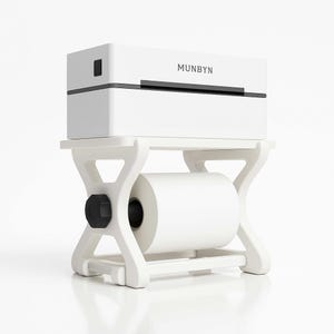 May include: A white label printer with the brand name "MUNBYN" printed on the front. The printer sits atop a white stand that holds a roll of white paper. A black knob is on the side of the stand.