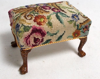 Dollhouse miniature quality Stool upholstered in antique Austrian Petit Point C.