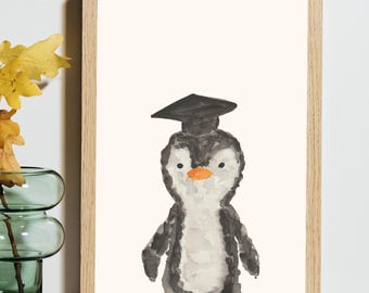 Penguin Stuffed Animal with Graduation Cap Watercolor Print