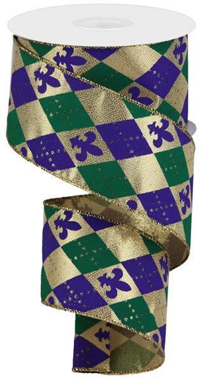 Purple Green Gold Fleur de Lis Mardi Gras Wired Ribbon 2.5/" x 10 yard 1 roll New