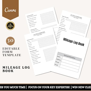 Carnet de kilométrage | Traqueur de trajet et de carburant | Dossier de conduite d'une petite entreprise | Modifiable au format Canva + PDF à remplir