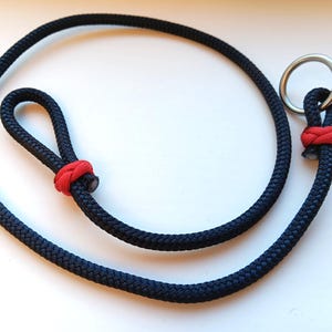 May include: A black rope leash with red accents and a silver ring. The leash has a loop at one end and a ring at the other.