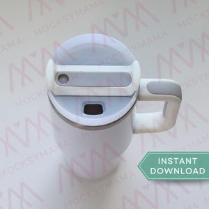 May include: A white travel mug with a gray lid and handle. The lid has a sliding mechanism to open and close the drinking spout. The mug has a handle for easy carrying. The image includes the text "INSTANT DOWNLOAD".