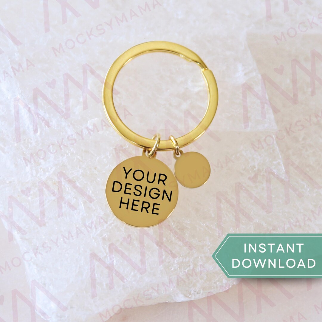 Gold Keychain Disc Mockup, Gold Blank Keychain Mock, POD Keychain Mock ...
