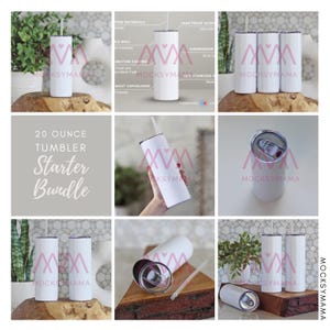 May include: A collection of white 20-ounce tumblers with lids and straws. The tumblers have a pink and white logo and the text "MocksyMama". The image also includes the text "20 Ounce Tumbler Starter Bundle".