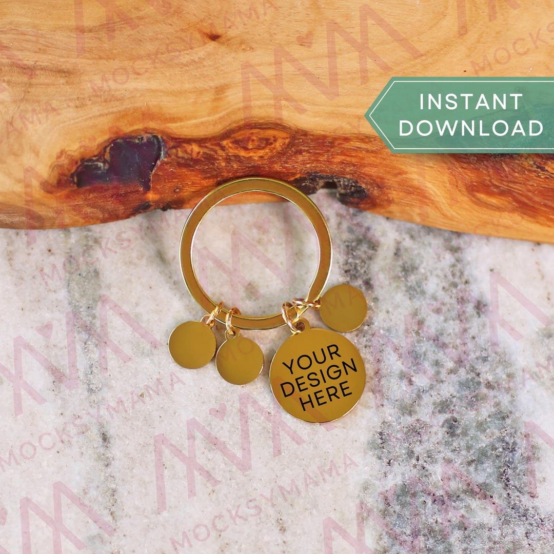 Gold Keychain Disc Mockup, Gold Blank Keychain Mock, POD Keychain Mock ...