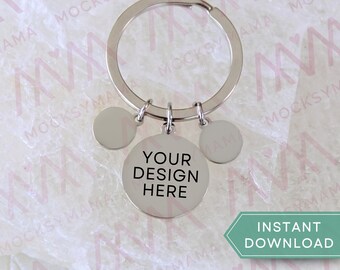 Zilveren sleutelhanger schijfmodel, blanco sleutelhangermodel, POD sleutelhangermodel, digitale sleutelhangermodelfoto, print-on-demand sleutelhangermodel