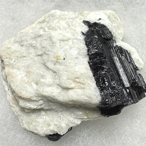 May include: A raw, natural mineral specimen featuring a striking contrast of colors and textures. The stone displays a large, irregular shape with a base of creamy white, contrasted by a prominent, lustrous black crystal formation. The mineral is likely a tourmaline.